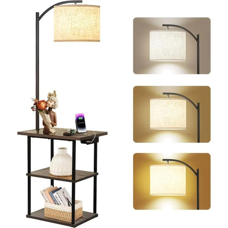 Floor Lamp with Table, End Table with Charging Station(Usb & Type-C & AC Port), 3 Color Temperatures 9W LED Bulb