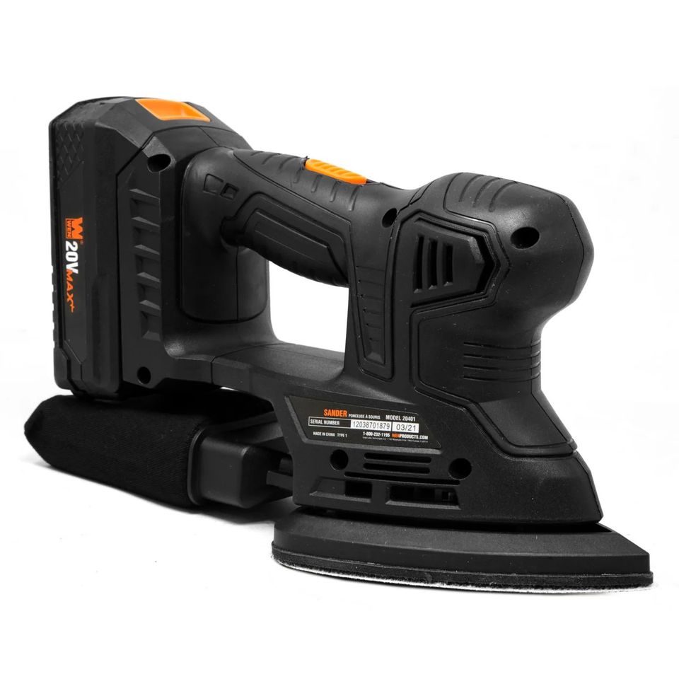 WEN 20401 20V Max Cordless Detailing Palm Sander with 2.0 Ah Lithium-Ion Battery and Charger