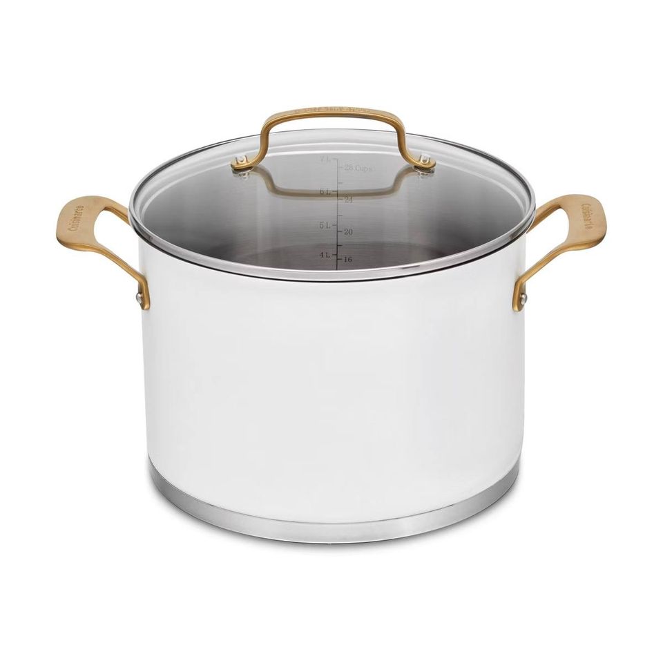 Cuisinart Classic Stainless Steel Stock Pot with Cover and Brushed Gold Handles Matte White