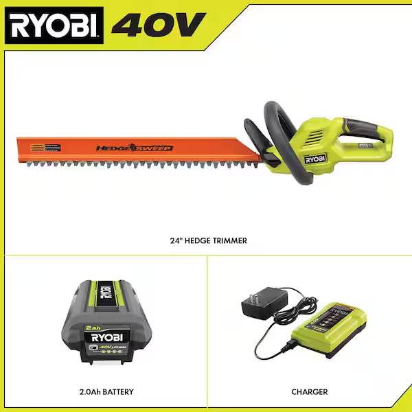 RYOBI 40V 24 in. Cordless Battery Hedge Trimmer with 2.0 Ah Battery and Charger RY40HG01K