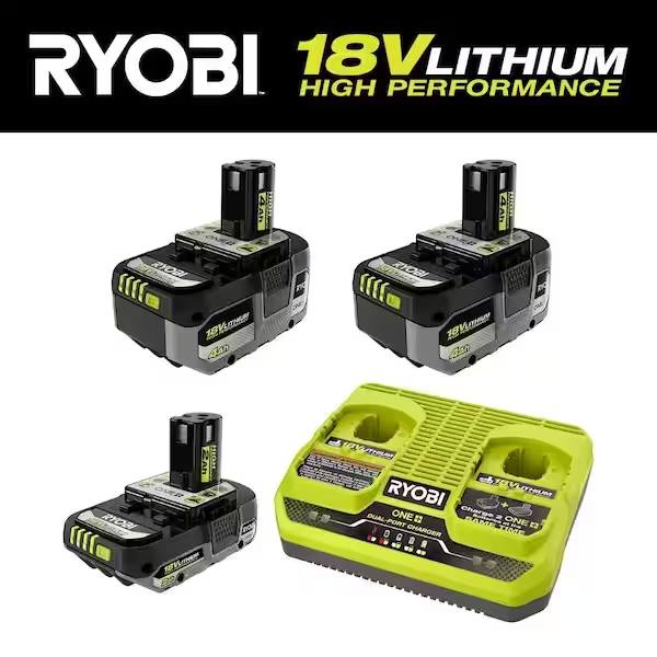 RYOBI ONE+ 18V Lithium-Ion HIGH PERFORMANCE Starter Kit with 2.0 Ah Battery, (2) 4.0 Ah Batteries, and Charger PSK108SB