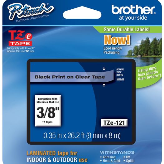 Brother TZe-121 P-Touch 3/8" Label Tape, Black on Clear TZE-121