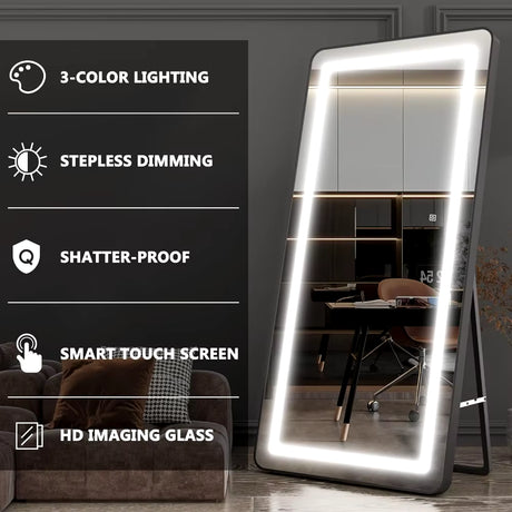 70"X32" Large Luxury Full Length Mirror with Lights - Wall Mounted Full Size Mirror, 3 Color Lighting, Aluminum Frame