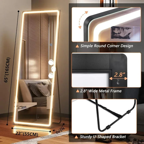 Free Standing Floor Mirror Decorative Mirrors Wall Mounted Mirror Light up Mirrorblack 65"X22" Flexible Bathroom Products Home