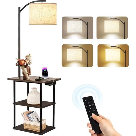 Floor Lamp with Table, End Table with Charging Station(Usb & Type-C & AC Port), 3 Color Temperatures 9W LED Bulb