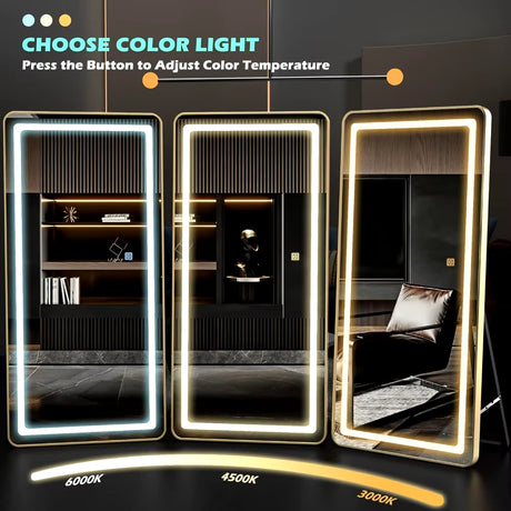 70"X32" Large Luxury Full Length Mirror with Lights - Wall Mounted Full Size Mirror, 3 Color Lighting, Aluminum Frame