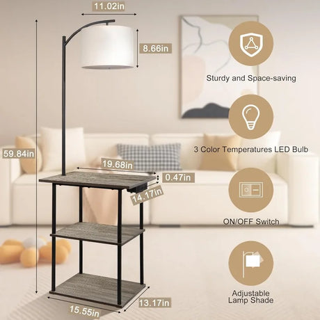 Floor Lamp with Table, End Table with Charging Station(Usb & Type-C & AC Port), 3 Color Temperatures 9W LED Bulb