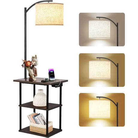 Floor Lamp with Table, End Table with Charging Station(Usb & Type-C & AC Port), 3 Color Temperatures 9W LED Bulb