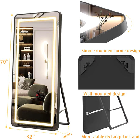 70"X32" Large Luxury Full Length Mirror with Lights - Wall Mounted Full Size Mirror, 3 Color Lighting, Aluminum Frame